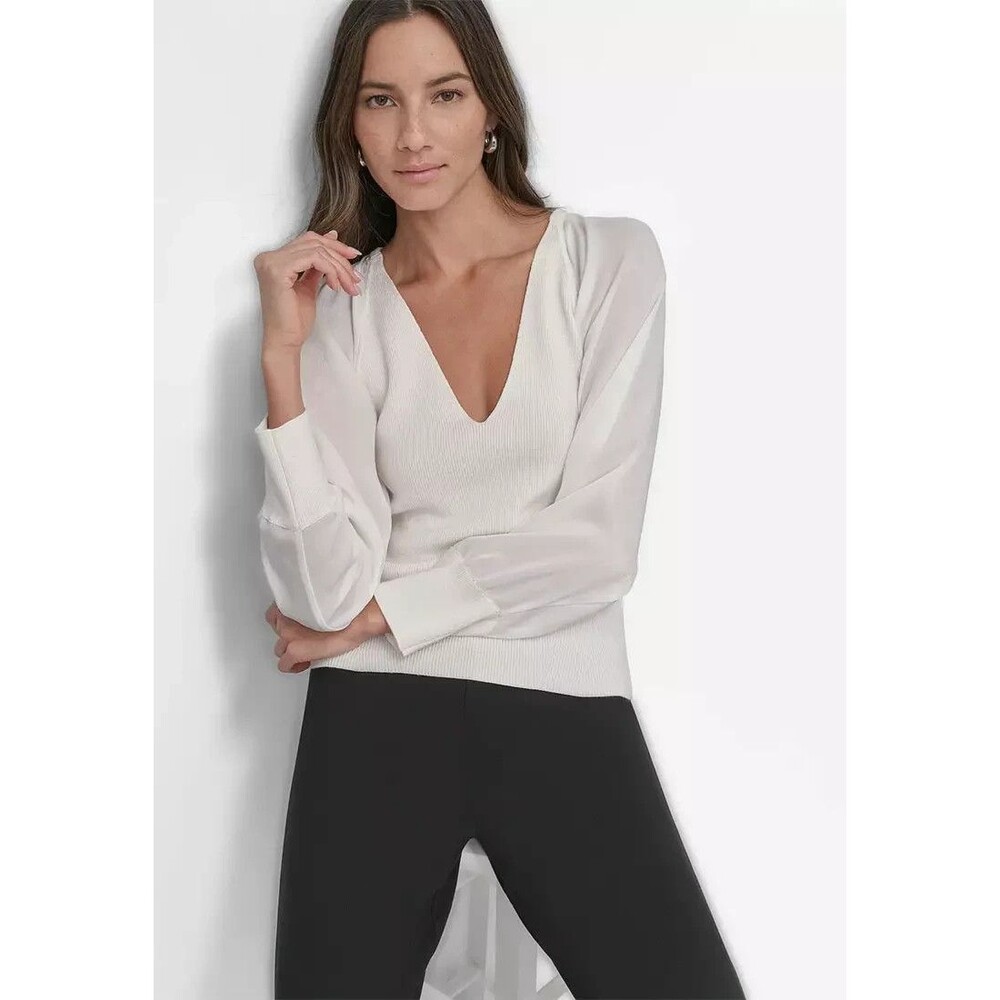 DKNY Women's Satin Long Blouson Sleeves Mixed-Media V-Neck Top Ivory offWhite XS